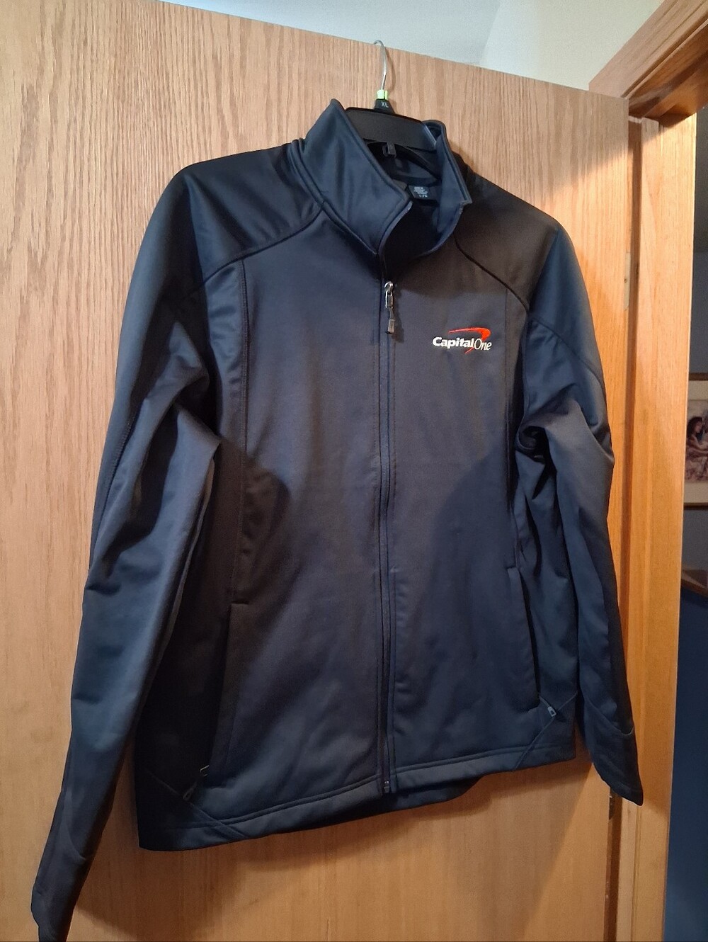 Eddie Bauer  black full-zip fleece jacket custom corporate Capital One logo
